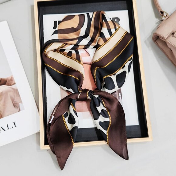 Women Brown Stripe Headscarf Satin Bandana Pattern Polyester Breathable Scarves - Picture 5 of 7